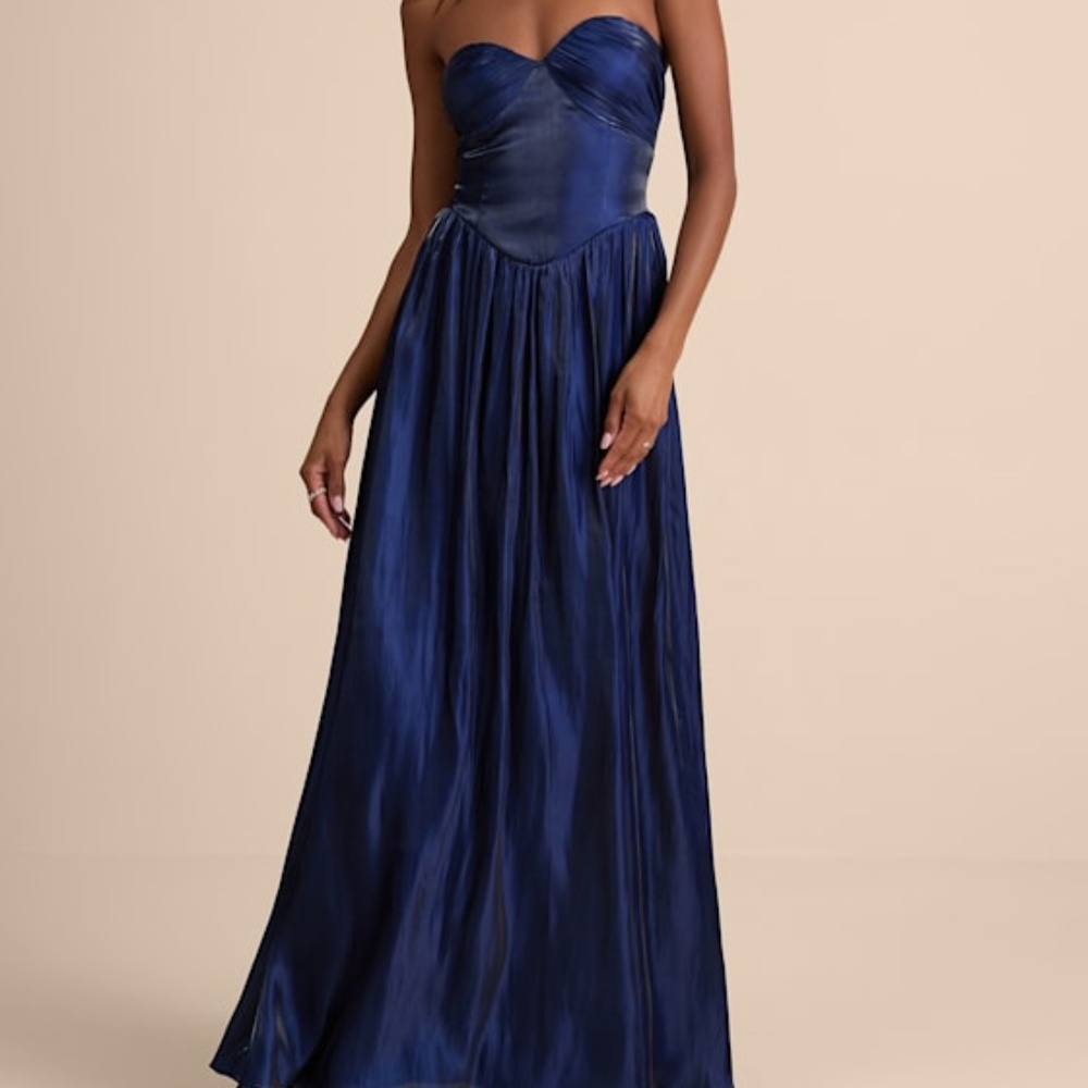 Lulus Kylin Navy Satin Basque Waist Maxi Dress Blue - Size M